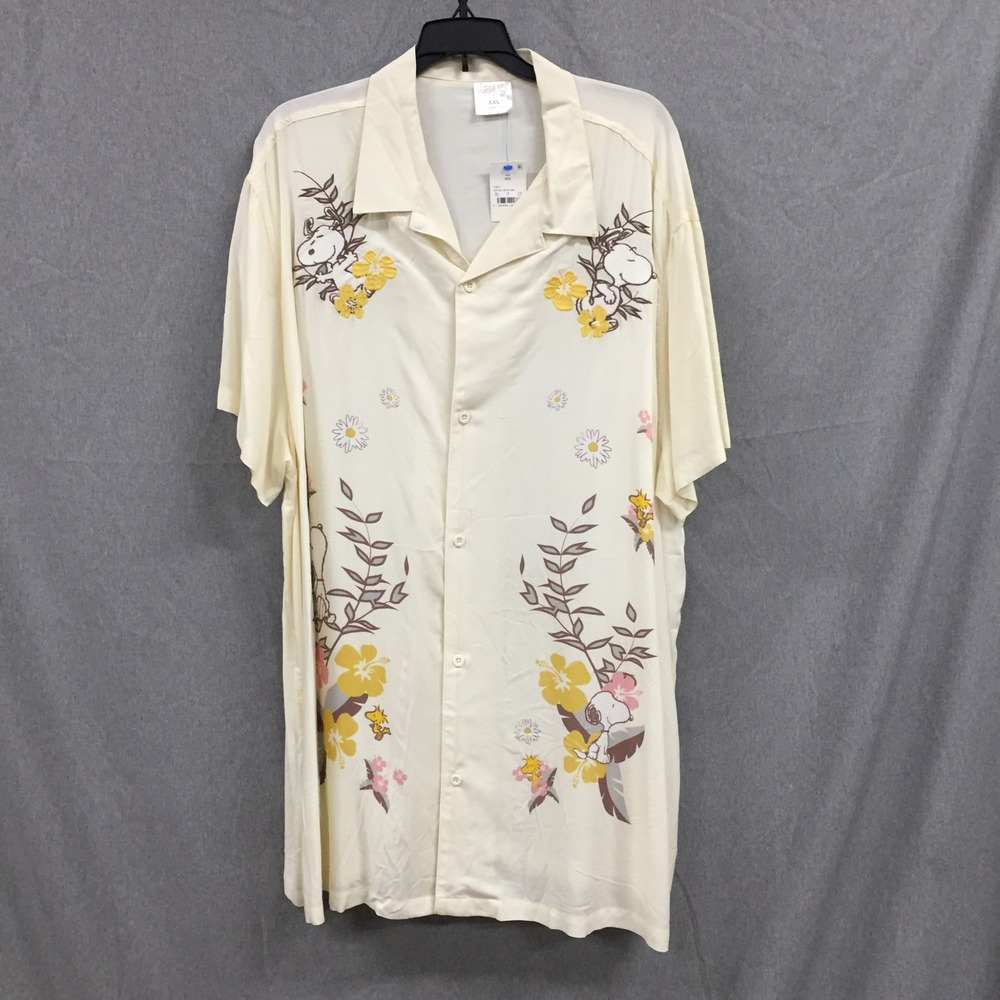 Peanuts Snoopy Embroidered Rayon Camp Shirt XXL Tofu Cream Floral 2PNT3268‎ NEW